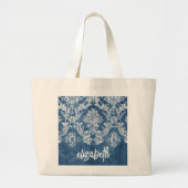 Sapphire Blue  Damask Pattern en Name Grote Tote Bag (Voorkant)