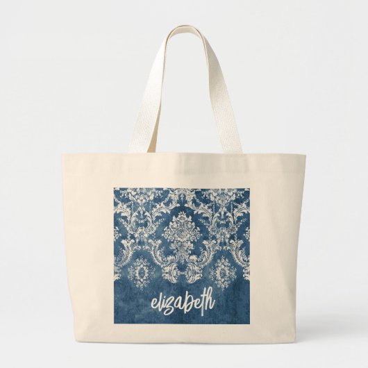 Sapphire Blue Damask Pattern en Name Grote Tote Bag (Voorkant)