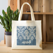 Sapphire Blue Damask Pattern en Name Grote Tote Bag