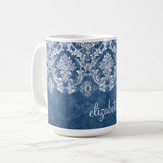 Sapphire Blue  Damask Pattern en Name Koffiemok (Voorkant links)