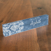 Sapphire Blue Damask Pattern en Name Naambordje (Zijkant)
