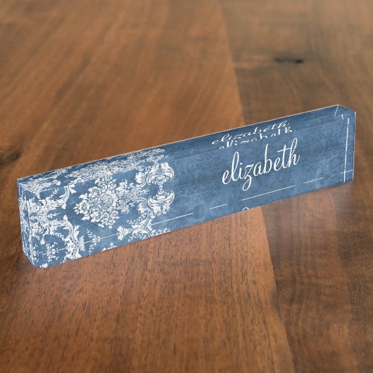 Sapphire Blue  Damask Pattern en Name Naambordje (Zijkant)
