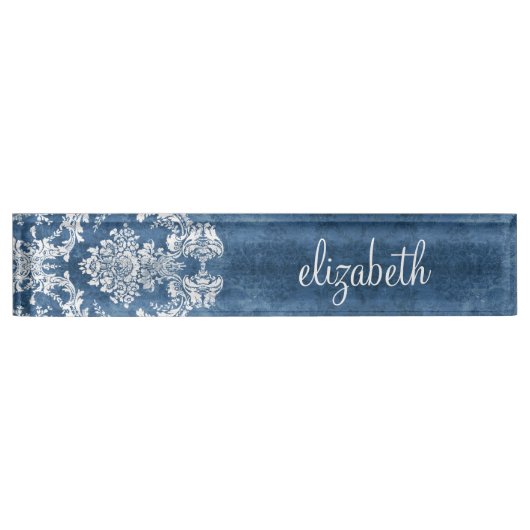 Sapphire Blue Damask Pattern en Name Naambordje (Voorkant)