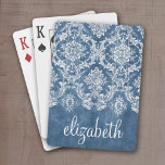 Sapphire Blue  Damask Pattern en Name Pokerkaarten<br><div class="desc">Een patroon met een bord en kant. Kijk dicht bij de bloemen en bladeren.Een trendy design met juweelkleuren en elegantie. De punten zijn gemakkelijker om aan te passen wanneer u alle tekst en foto's eerst vervangt. Als je kunst nog moet worden aangepast, klik je op Deze knop aanpassen. Dit zal...</div>