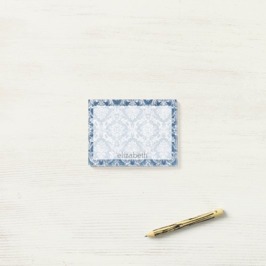 Sapphire Blue  Damask Pattern en Name Post-it® Notes (Op bureau)