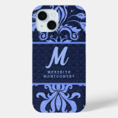 Sapphire Blue Damask Wervelt met Monogram Case-Mate iPhone Case (Achterkant)