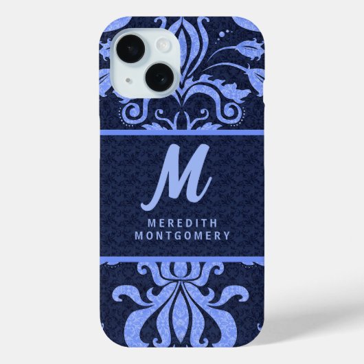 Sapphire Blue Damask Wervelt met Monogram Case-Mate iPhone Case (Achterkant)