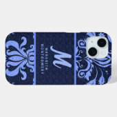 Sapphire Blue Damask Wervelt met Monogram Case-Mate iPhone Case (Achterkant (horizontaal))