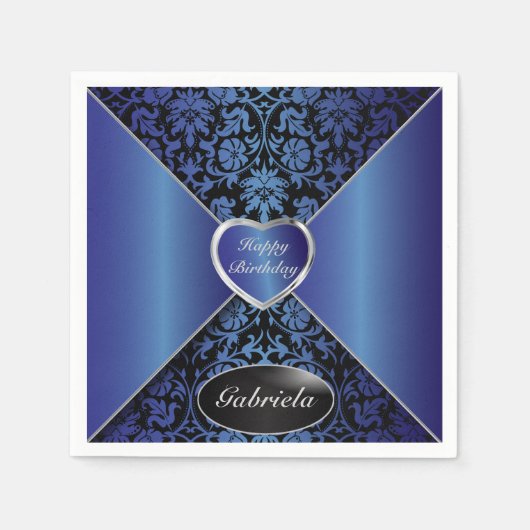 Sapphire Blue en Black Damask | personaliseren Servet (Voorkant)