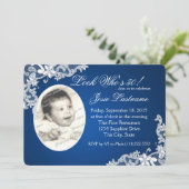 Sapphire Blue en Floral Lace Foto Verjaardag Kaart (Staand voorkant)