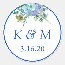 Sapphire Blue Floral Monogram Wedding Favor Ronde Sticker