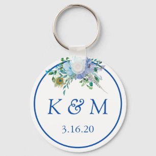 Sapphire Blue Floral Monogram Wedding Favor Sleutelhanger