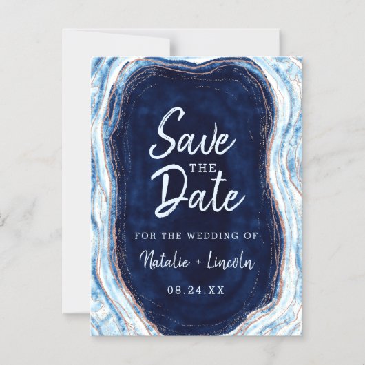 Sapphire Blue Geode Slice Wedding Sla de datum op Magnetische Uitnodiging (Voorkant)