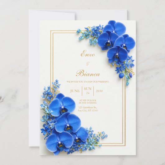 Sapphire Blue Gilded Orchid Botanical Wedding Kaart (Voorkant)