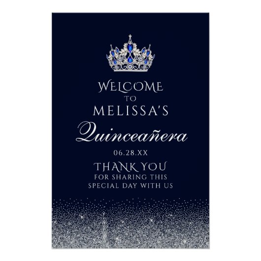 Sapphire Blue Glitter Quinceanera Welcome Sign Perfect Poster (Voorkant)