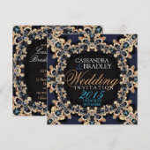 Sapphire Blue Gold Lace Jewel Wedding Invitations Kaart (Voorkant / Achterkant)