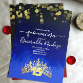 Sapphire Blue, Gold Tiara Quinceanera Invitation Kaart