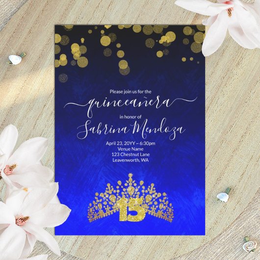 Sapphire Blue, Gold Tiara Quinceanera Invitation Kaart
