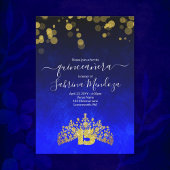 Sapphire Blue, Gold Tiara Quinceanera Invitation Kaart