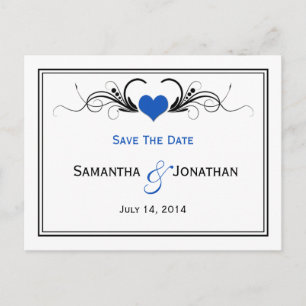 Sapphire Blue Heart Black Swirls Bewaar de datum Aankondigingskaart