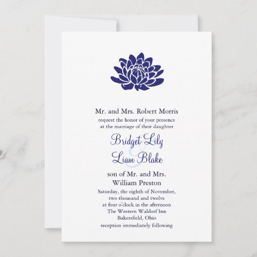 Sapphire Blue Lotus Flower Wedding-uitnodiging Kaart (Voorkant)