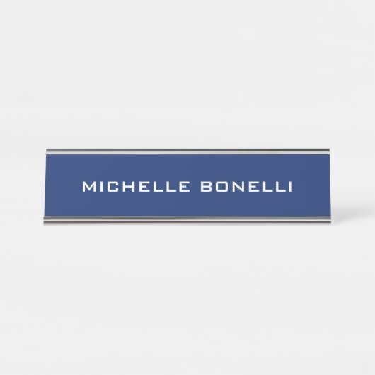 Sapphire Blue Minimalist Plain Leegbaar Modern Bureau Naambordje (Voorkant)
