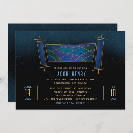 Sapphire Blue Mosaic Torah Scroll Bar/Bat Mitzvah Kaart (Voorkant / Achterkant)