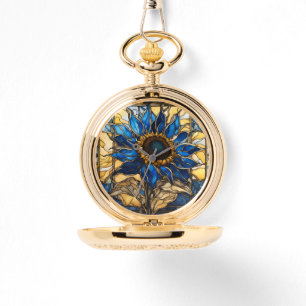 Sapphire Blue N Gold Glas in lood Zonnebloem Horloge