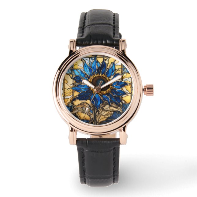 Sapphire Blue N Gold Glas in lood Zonnebloem Horloge (Voorkant)