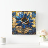Sapphire Blue N Gold Glas in lood Zonnebloem Vierkante Klok (Huis)