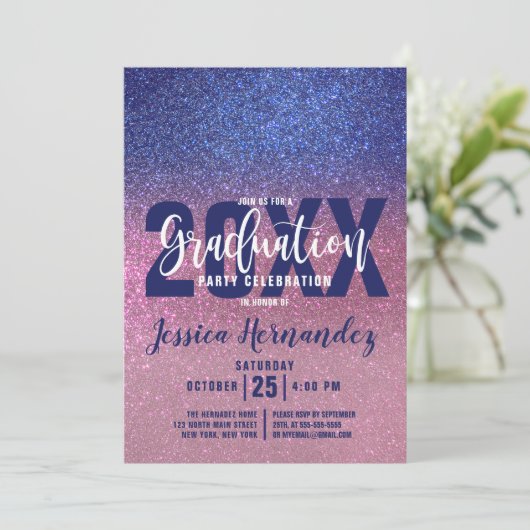 Sapphire Blue Pink Triple Glitter Ombre Afstuderen Kaart (Staand voorkant)