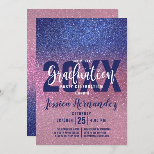 Sapphire Blue Pink Triple Glitter Ombre Afstuderen Kaart (Voorkant / Achterkant)