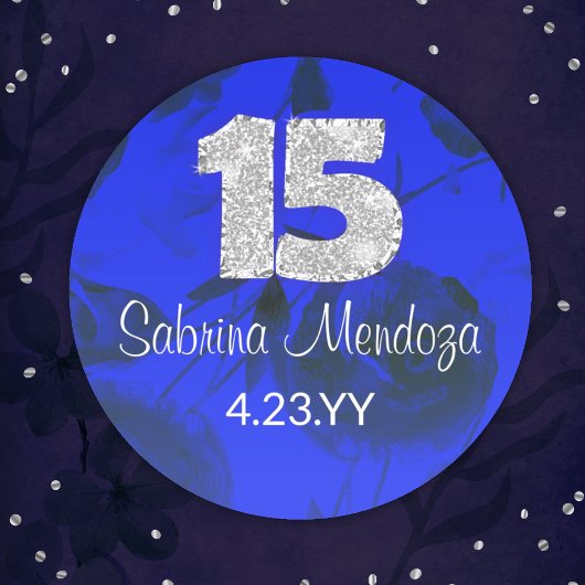 Sapphire Blue Quinceanera Silver #15 Round Sticker