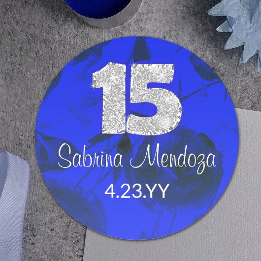 Sapphire Blue Quinceanera Silver #15 Round Sticker