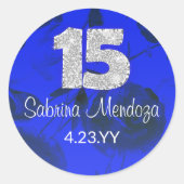 Sapphire Blue Quinceanera Silver #15 Round Sticker (Voorkant)
