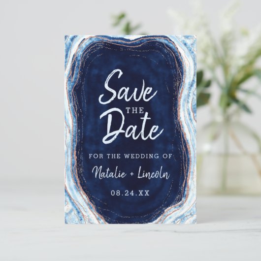 Sapphire Blue Roos Gold Geode Agate Marble Modern Save The Date (Staand voorkant)