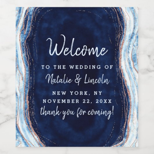 Sapphire Blue Roos Gold Geode bruiloft Welkom Wijn Etiket (Enkel label)