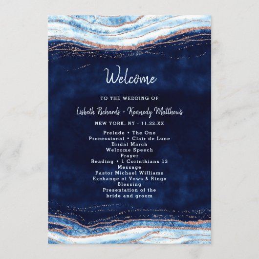 Sapphire Blue Roos Gold Geode huwelijksceremonie Programmakaart (Voorkant)