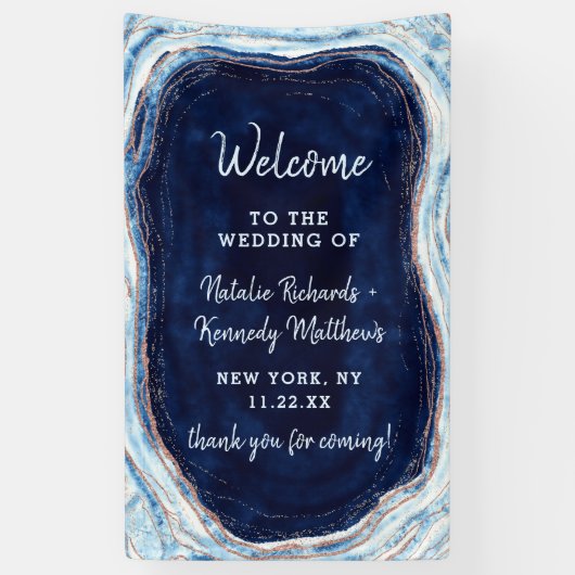 Sapphire Blue Roos Gold Geode Rock Wedding Welkom Spandoek (Verticaal)