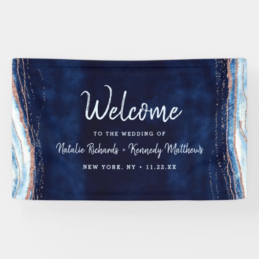 Sapphire Blue Roos Gold Geode Rock Wedding Welkom Spandoek (Horizontaal)