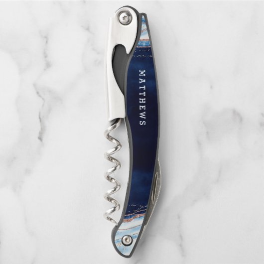 Sapphire Blue Roos Gold Geode WeddenMonogram Kurkentrekker (Voorkant)