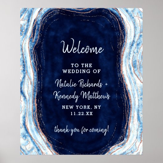 Sapphire Blue Roos Gold Geode Weduwwelkomstbord Poster (Voorkant)