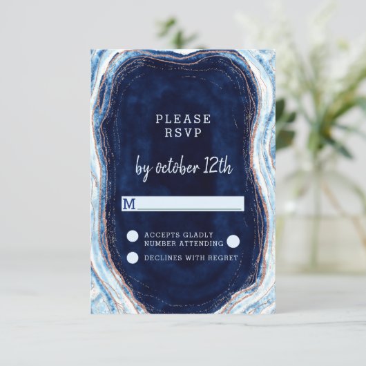 Sapphire Blue Roos Gouden Geode Bruiloft RSVP Antw (Staand voorkant)