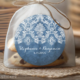 Sapphire Blue Rustic Damask Pattern Wedding Ronde Sticker