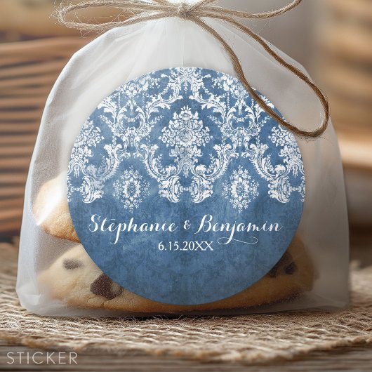 Sapphire Blue Rustic Damask Pattern Wedding Ronde Sticker