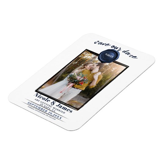 Sapphire Blue Wax Seal Foto Bruiloft Save the Date Magneet (Linkerzijde)