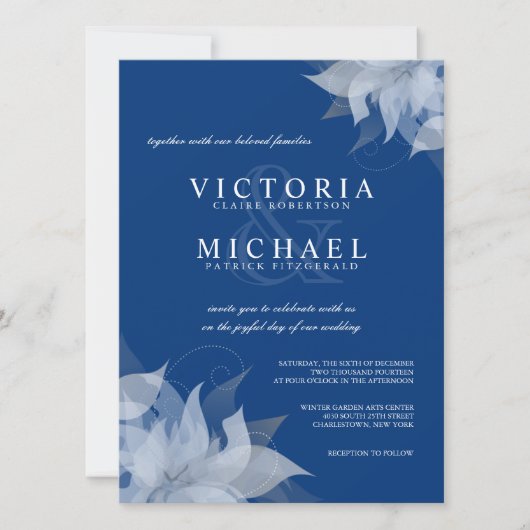 Sapphire Blue & White Floral Wedding Invitations Kaart (Voorkant)