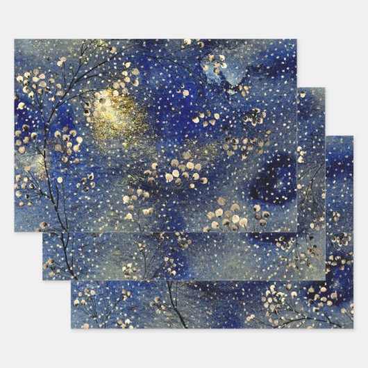 Sapphire Blue Winter Dusk Sky Gold Snowfall Inpakpapier Vel (Set)