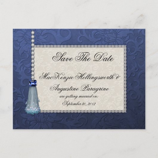 Sapphire Diamonds Blue Tassel op Damask Opslaan Aankondigingskaart (Voorkant)