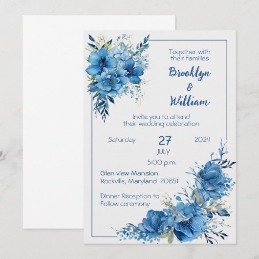 Sapphire Elegance Blauw Bloemen Bruiloft Uitnodigi Kaart (Voorkant / Achterkant)